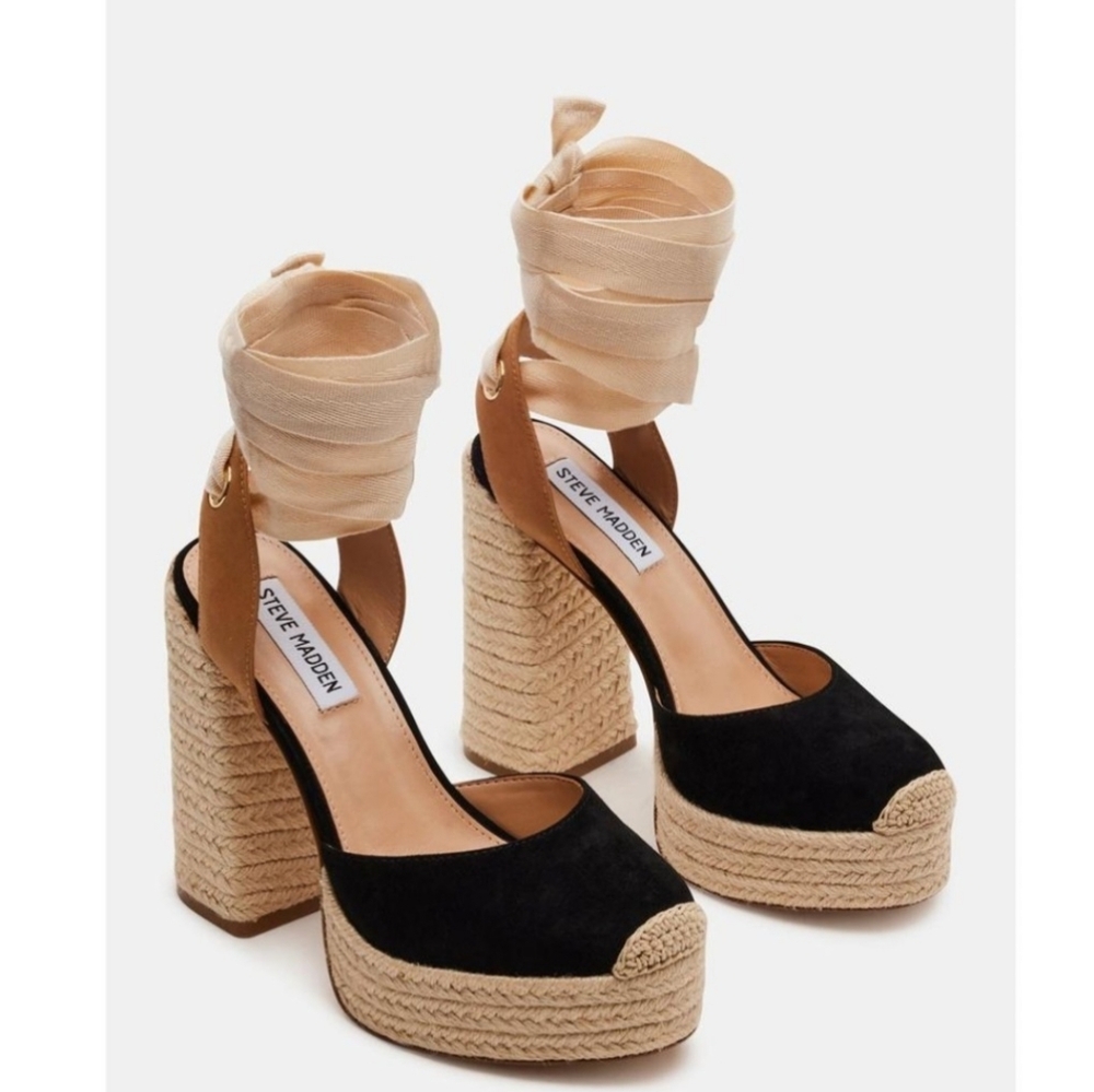 Steve Madden LUVLEY Black Suede Espadrille Platform Ankle-Tie Heels - Picture 2 of 8